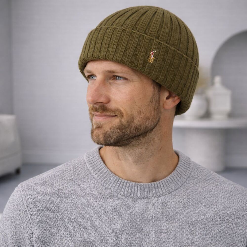 POLO RALPH LAUREN New Olive Green Rib‎ Knit Wool Blend Beanie Hat One Size